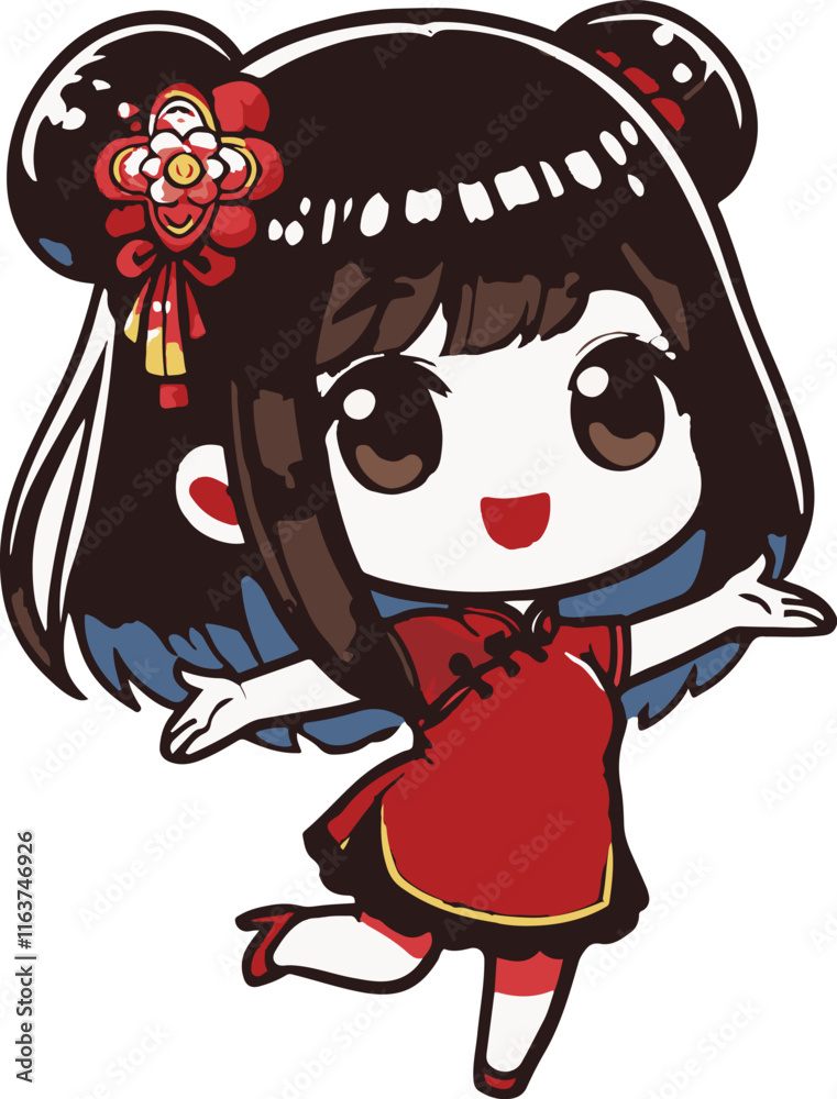 Cute girl wear cheongsam, Chinese New Year. Cartoon character, illustration, Cute girl wear cheongsam, Chinese New Year. Cartoon character, illustration,