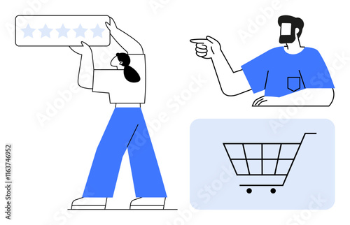 Person holding a five-star review, a man pointing, and a shopping cart icon convey themes of feedback, recommendations, and e-commerce. Ideal for customer satisfaction, user reviews, online shopping