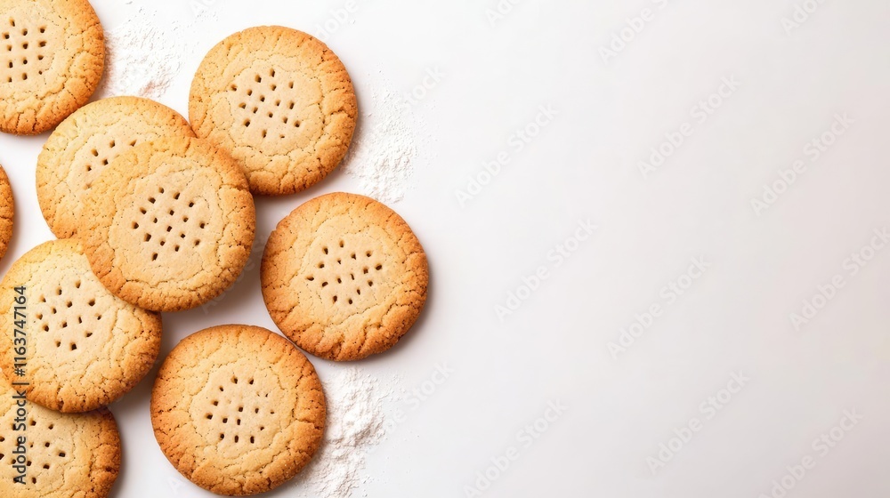 Minimal cookies concept. Freshly baked cookies arranged neatly on a white surface, perfect for snacks. Minimal cookies concept. Freshly baked cookies arranged neatly on a white surface, perfect for snacks.