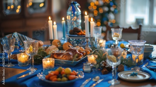 A beautifully set Hanukkah table with blue tablecloth, candles, and traditional foods.  photo