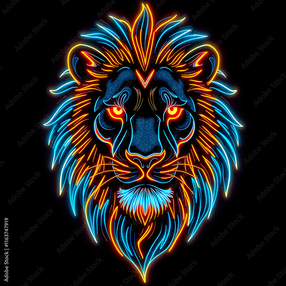 Obraz premium A neon lion with glowing eyes and a blue mane