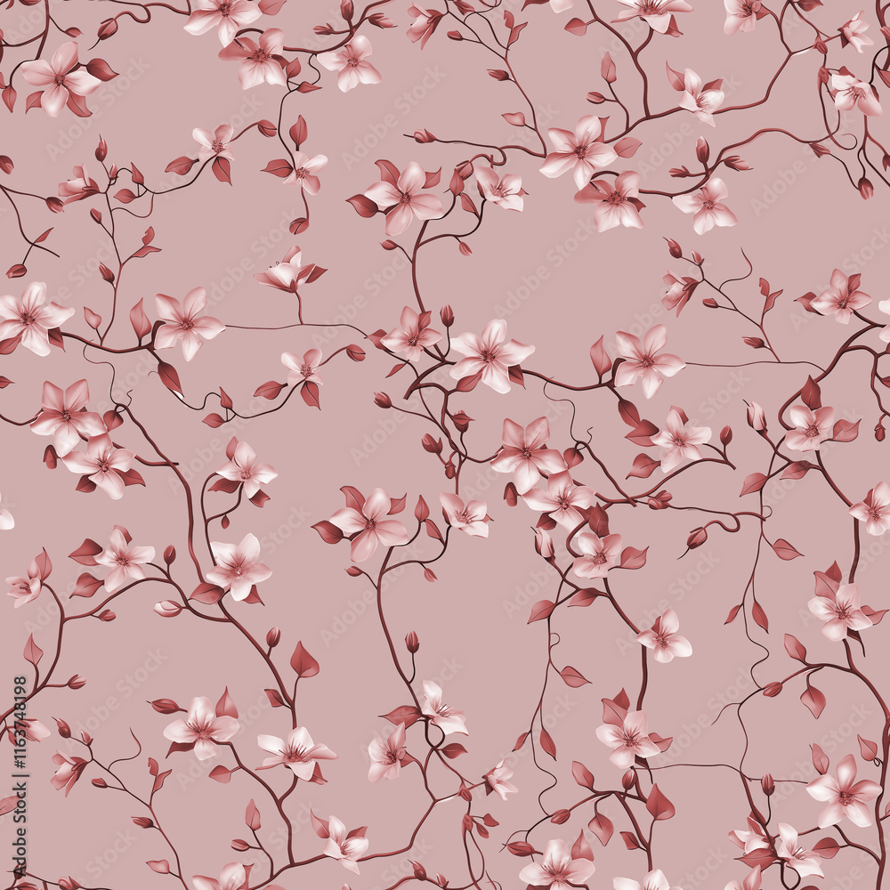 Fototapeta premium Seamless Pattern Design with Pink Floral Branches and Leaves on a Background – Perfect for Home Textiles, Fabric Design, Wall Decor, Scrapbooking, Digital Paper, Notebooks, and More