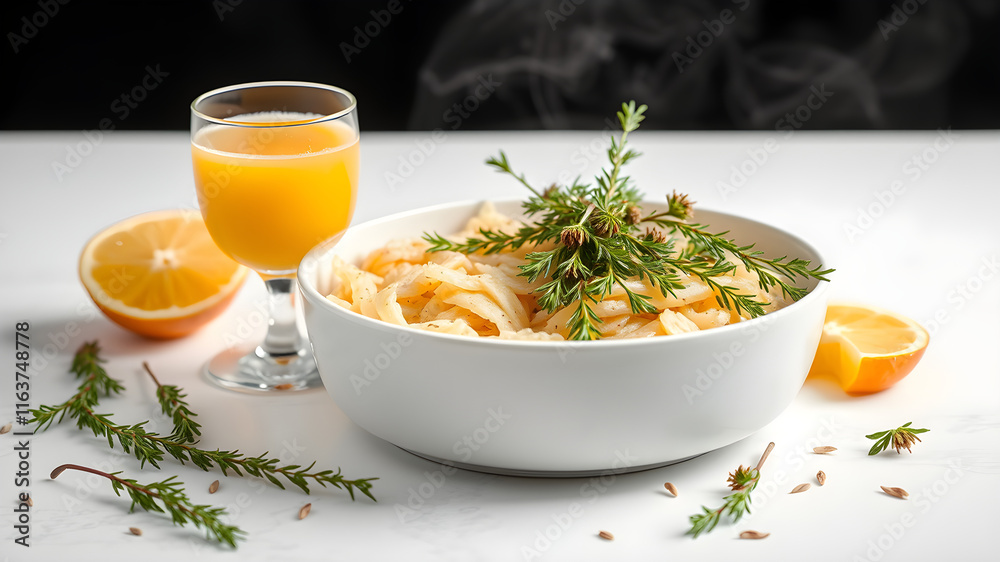 A bowl of pasta with orange slices and herbs on the table