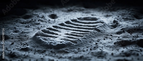 Close-up of a boot print on the lunar surface. photo