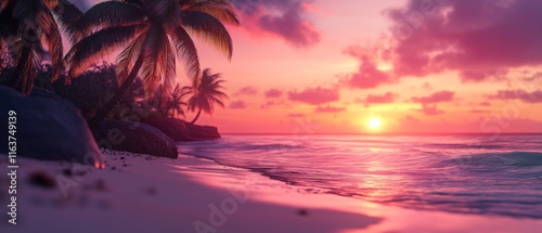 Fototapeta Naklejka Na Ścianę i Meble -  Pink sunset over tropical beach with palm trees.
