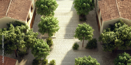 A courtyard with a white building and a red roof. The courtyard is filled with trees and has a stone walkway photo