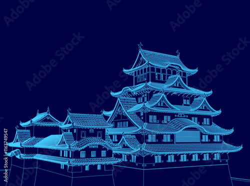 Blue drawing of a large building with a lot of windows. The building is in a foreign country and has a lot of detail
