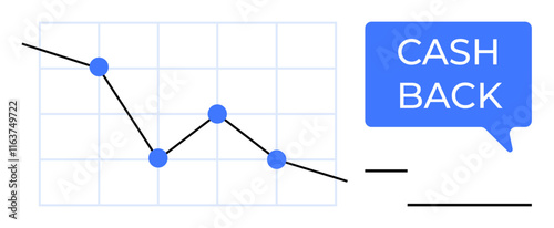 Declining line graph with blue dots, accompanied by a blue speech bubble stating CASH BACK. Ideal for financial analysis, savings strategy, investment returns, consumer rewards, economic trends