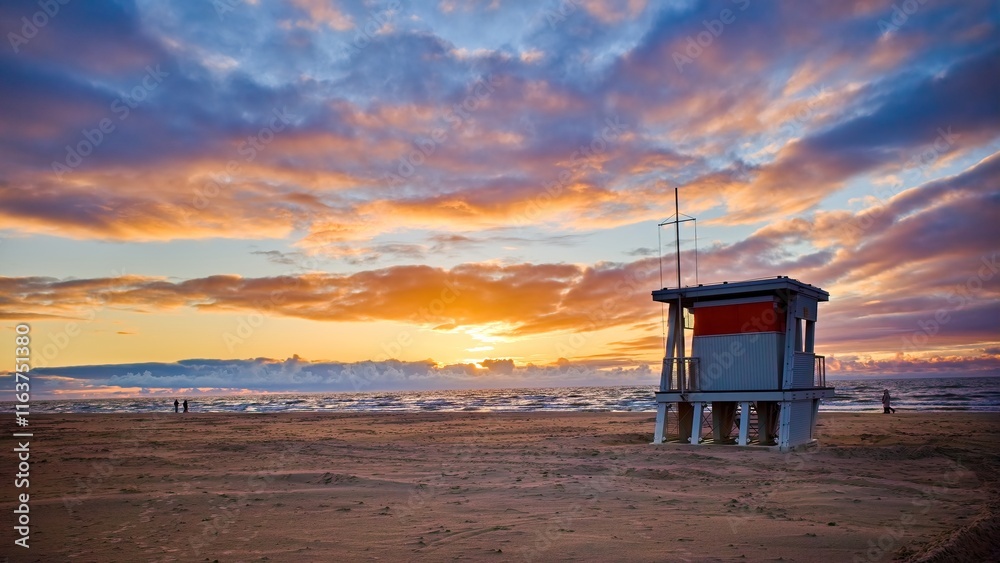 Sea coast. Lifeguard tower on the beach. Lifeguard cabin. Different sky. Beautiful sunset. Lonely people walking. Sea coast. Lifeguard tower on the beach. Lifeguard cabin. Different sky. Beautiful sunset. Lonely people walking.