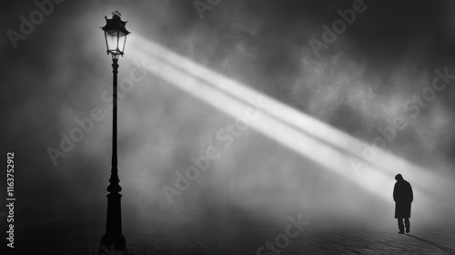 A black-and-white image of a silhouetted figure walking into a beam of light under an old streetlamp.  photo