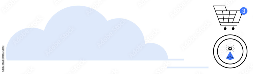 Shopping cart with 3 items notification and cloud graphic with airplane icon indicating synchronicity. Ideal for online shopping, cloud services, notifications, e-commerce, storage solutions, data Shopping cart with 3 items notification and cloud graphic with airplane icon indicating synchronicity. Ideal for online shopping, cloud services, notifications, e-commerce, storage solutions, data
