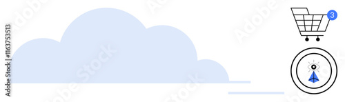 Shopping cart with 3 items notification and cloud graphic with airplane icon indicating synchronicity. Ideal for online shopping, cloud services, notifications, e-commerce, storage solutions, data