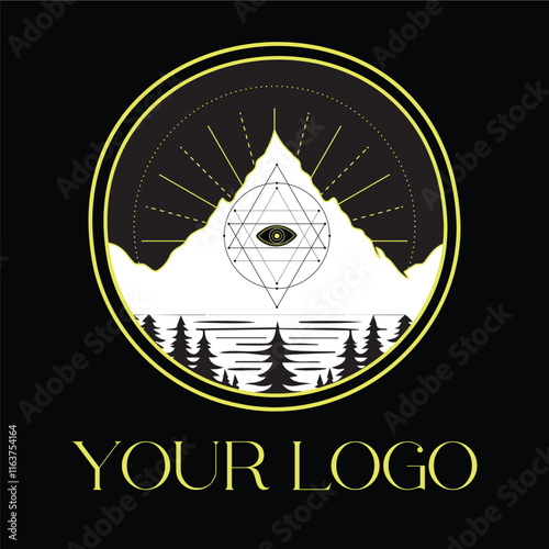 Minimalistic Occult Symbol Logo Design with All-Seeing Eye with mountain, river and forest