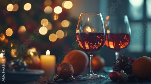 Christmas Wine Night: Festive Red Wine Glasses with Christmas Decorations photo