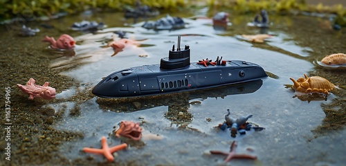 Miniature toy submarine floating in a shallow water basin surrounded by plastic sea creatures