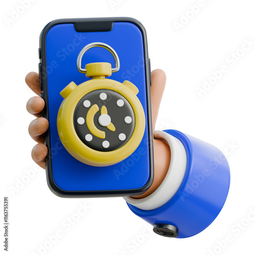 3D Hand Holding Smartphone Showing Countdown Timer Icon