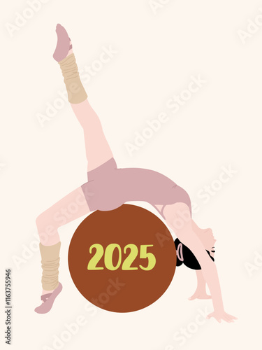 Woman on a 2025 Gym Ball in Yoga Pose: An illustration of a woman in a yoga pose lying on a gym ball with '2025' written on it, promoting health and fitness for the New Year.