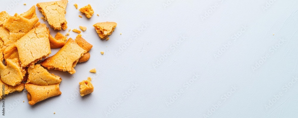 Minimal cookies idea. Crispy fortune cookie pieces scattered on a light surface, perfect for dessert themes. Minimal cookies idea. Crispy fortune cookie pieces scattered on a light surface, perfect for dessert themes.