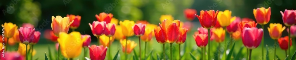 Colorful tulips blooming in a garden with vibrant flowers and lush greenery, colorful blooms, outdoor garden Colorful tulips blooming in a garden with vibrant flowers and lush greenery, colorful blooms, outdoor garden