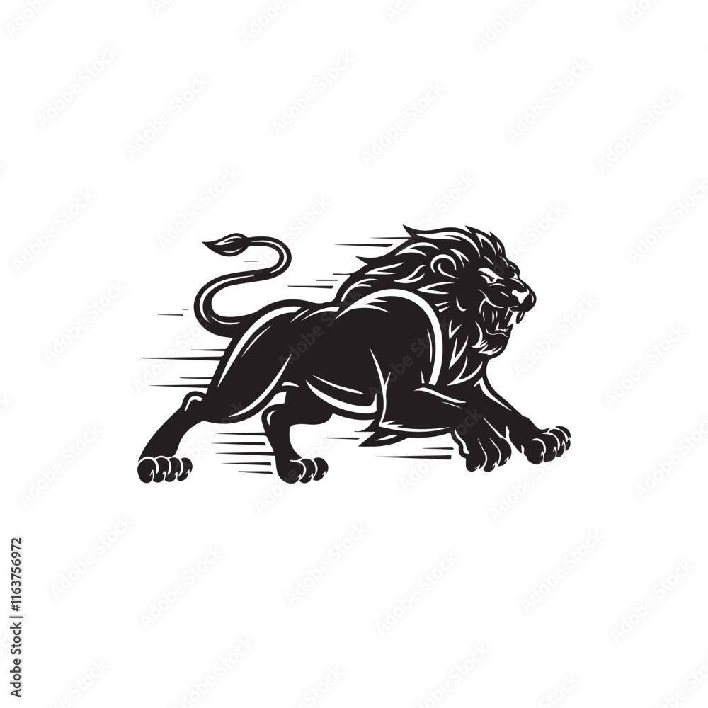 Bold Black and White Vector Illustration of a Fierce Running Lion with Stylized Mane and Minimalist Design Bold Black and White Vector Illustration of a Fierce Running Lion with Stylized Mane and Minimalist Design
