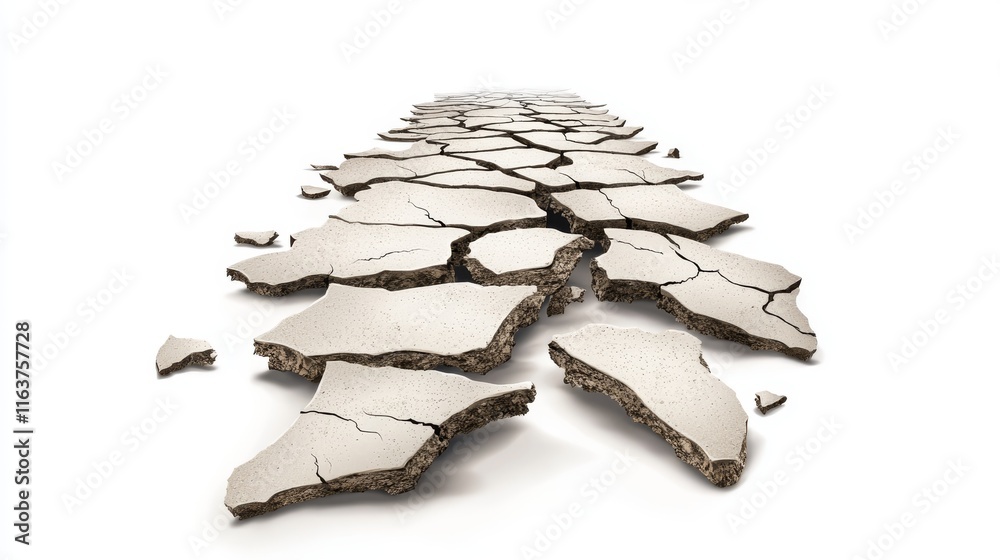 Ground cracks, earthquake cracking holes, ruined land surface crushed texture. Destruction, split, damage fissure effect after disaster isolated on white background. Realistic 3d vector illustration