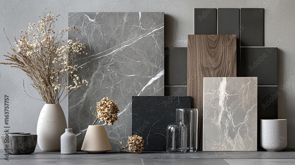 A modern mood board with gray-veined marble, rough stone textures, light walnut wood swatches, matte black tiles, and pale gray walls