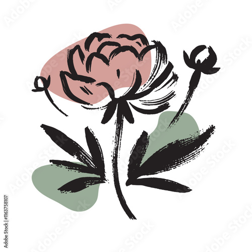 Minimalist hand drawn peony in bold black brush strokes on white
