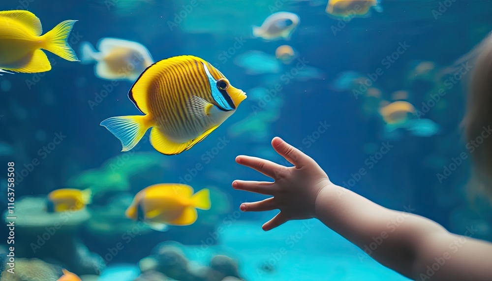 Naklejka premium Child's hand reaching towards a vibrant yellow and blue angelfish in a large aquarium. A captivating underwater scene filled with other tropical fish.