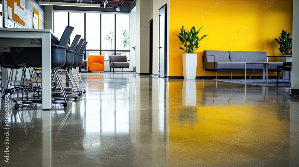 A modern office space with a bright yellow wall, polished concrete floor, and an open conference room in the background