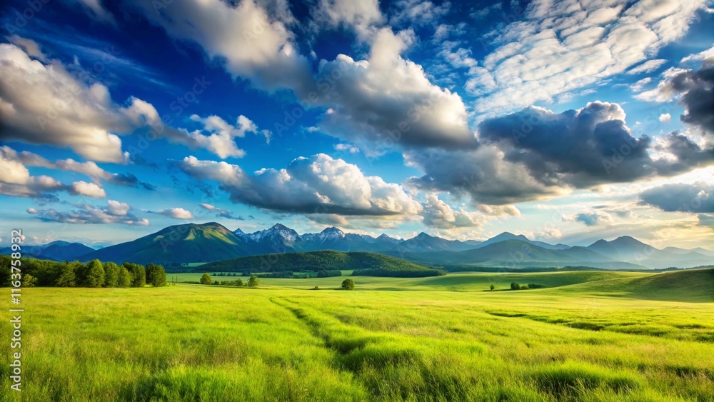 Fototapeta premium A vast green meadow stretching to the horizon, with distant mountains and a clear blue sky. Soft white clouds float gently, creating a serene atmosphere.
