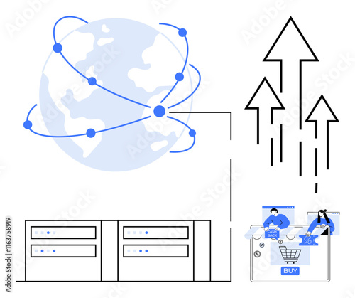 Globe with interconnected nodes, data centers, shopping cart with metrics, arrows indicating growth. Ideal for technology, e-commerce, global trade, internet connectivity, data analysis market