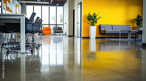 Obraz na płótnie A modern office space with a bright yellow wall, polished concrete floor, and an open conference room in the background w salonie