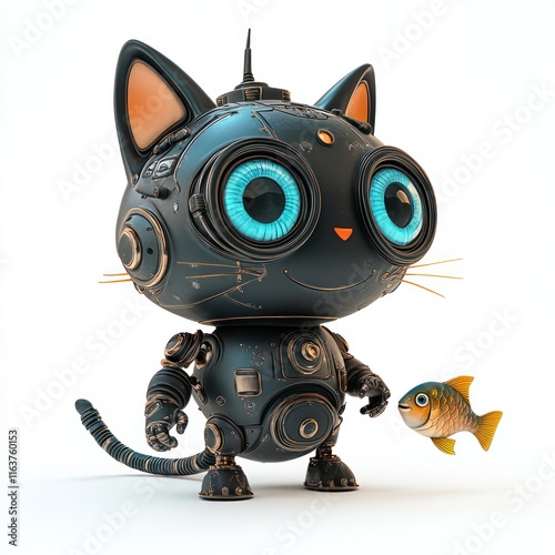 Happy robot cat with a fish-shaped charm. vector style art 3d illustration Isolated on White Background photo