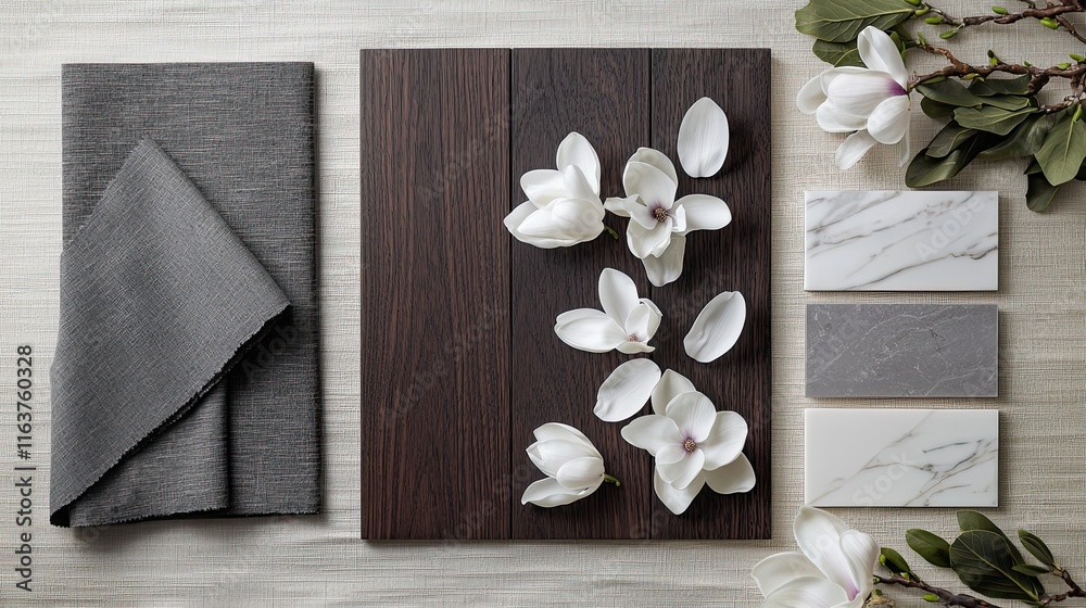 A moodboard with dark mahogany wood panels, charcoal grey fabric swatches, smooth white marble, and scattered white magnolia petals on a soft beige background