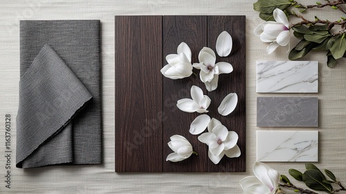 Obraz na płótnie A moodboard with dark mahogany wood panels, charcoal grey fabric swatches, smooth white marble, and scattered white magnolia petals on a soft beige background w salonie