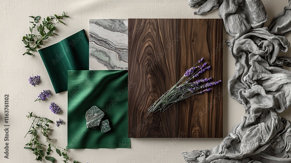 A moodboard with dark walnut wood panels, deep emerald green fabric swatches, marble in rich grey tones, and sprigs of lavender scattered on a soft beige background