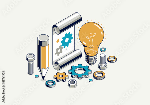 Innovation, invention and solution concept, light bulb with gear vector 3D isometric illustration or icon, technology and technics, mechanical engineering.