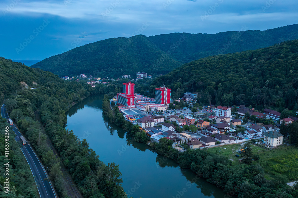Aerial view on Calimanesti Caciulata region in Romania