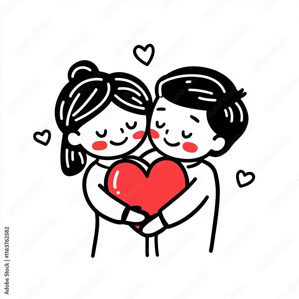 Cute couple embracing with a large red heart, surrounded by heart shapes, expressing love and affection in a simple and charming style Cute couple embracing with a large red heart, surrounded by heart shapes, expressing love and affection in a simple and charming style
