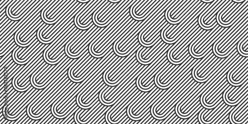 Seamless pattern with twisted lines, vector linear tiling background, stripy weaving, optical maze, twisted stripes. Black and white design.
