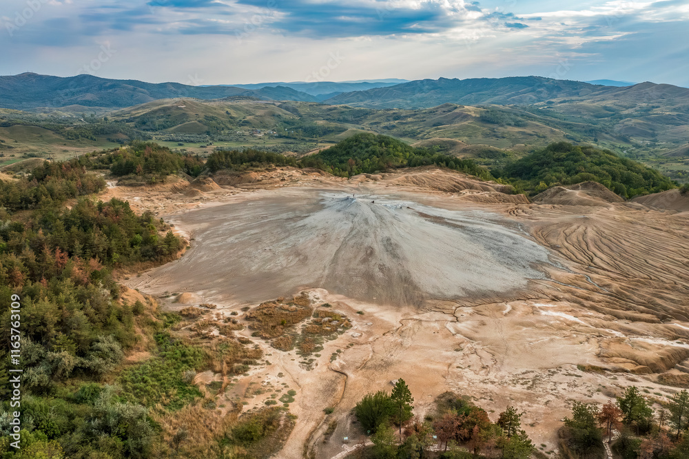 Aerial view and spectacular landscape with mud volcanoes area in Buzau County Romania