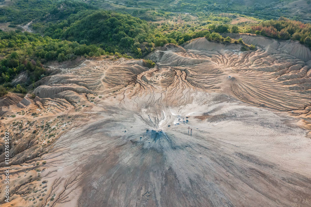 Aerial view and spectacular landscape with mud volcanoes area in Buzau County Romania