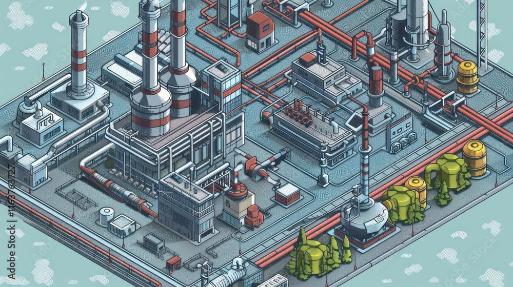 Isometric illustration of a large industrial complex with various buildings, pipes, and tanks. Isometric illustration of a large industrial complex with various buildings, pipes, and tanks.