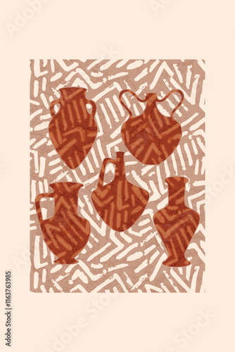 Abstract Terracotta Pottery Shapes with Textured Background Design. The composition evokes an artistic and Mediterranean vintage aesthetic emphasizing pottery craftsmanship in earthy tones.