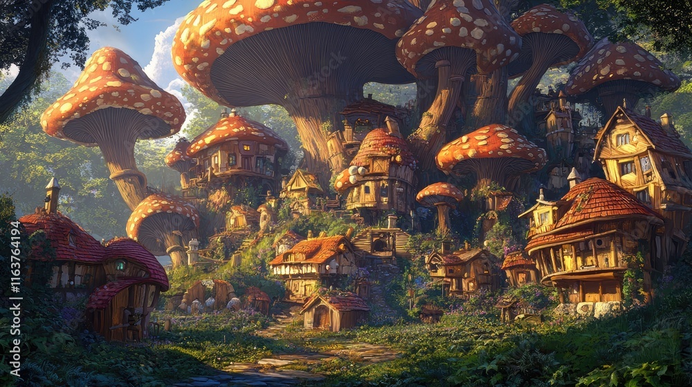 Obraz premium A whimsical village with oversized mushrooms and charming houses in a lush forest setting.