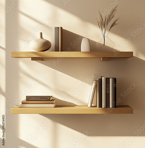 A wall shelf with an organic shape, made of light wood and featuring shelves for displaying books or decorative items. 