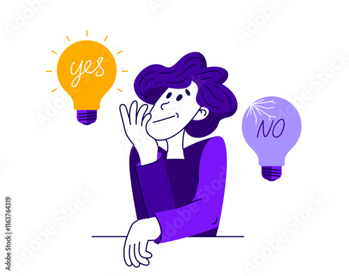 Young boy having a lot of ideas and choosing best one to solve some problem, vector illustration of a young person who is choosing between different ideas which one is working.