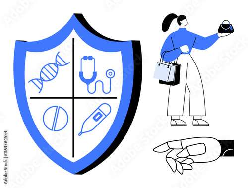 Shield with DNA, stethoscope, pill, thermometer. Woman holding and shopping with bags, robotic hand offering. Ideal for healthcare, protection, medicine technology patient safety innovation