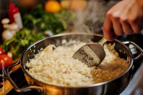 A home cook stirring a pot of homemade risotto, with creamy texture and fresh ingredients visible.