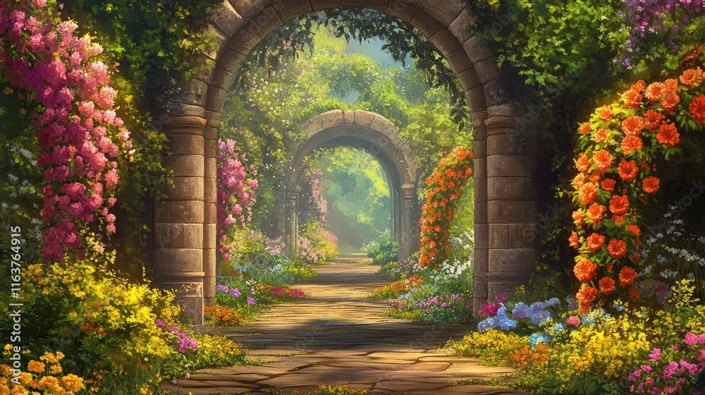 Sunlit stone archway pathway through vibrant rose garden. Sunlit stone archway pathway through vibrant rose garden.